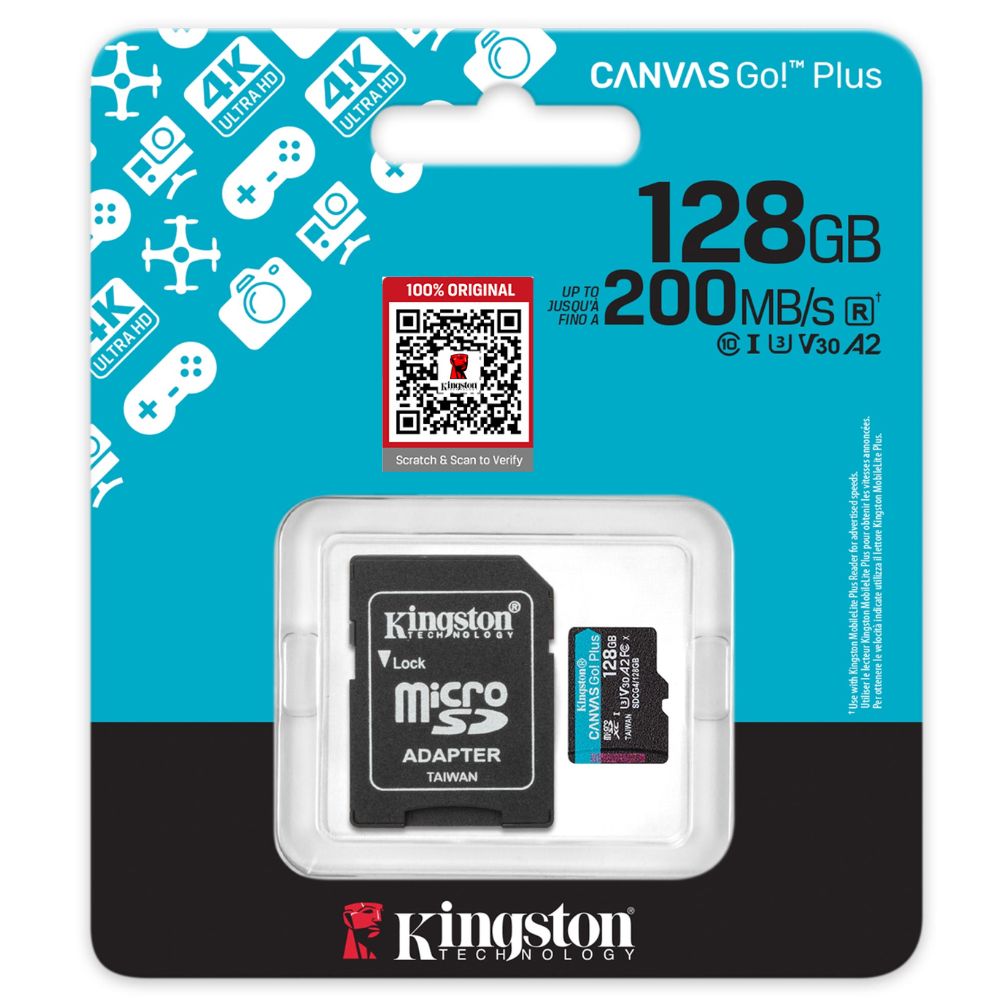 Kingston Canvas Go Plus Micro SD Card (With Adapter) 4K Videos/Action  Cams 200MB/s SDCG4